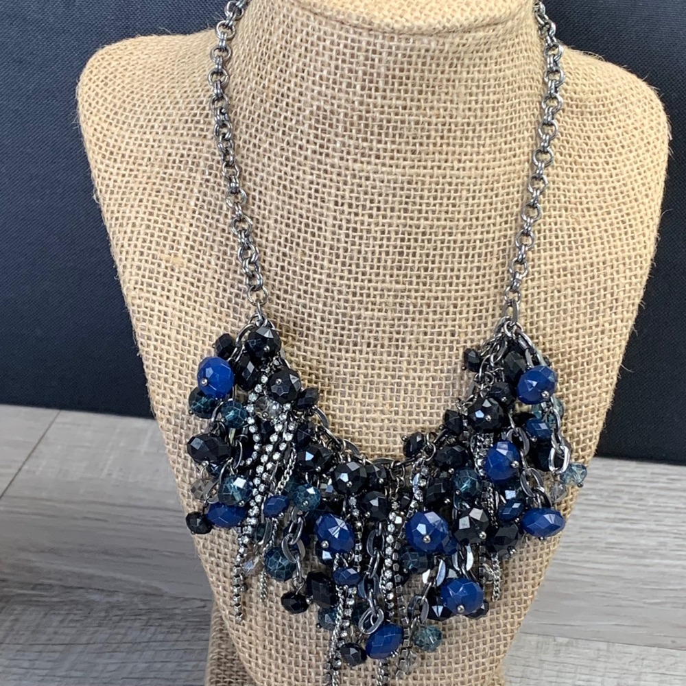 White House Black Market Blue Black Beaded Statement Bib Necklace Gunmetal 5008